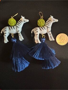 Whimsical Zebra Tassel Drop Earrings in White, Lime & Navy